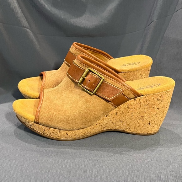 Clarks Shoes - Clarks Elements Harwich Keel Platform Sandals Leather Cork 4” Wedge Brown Suede